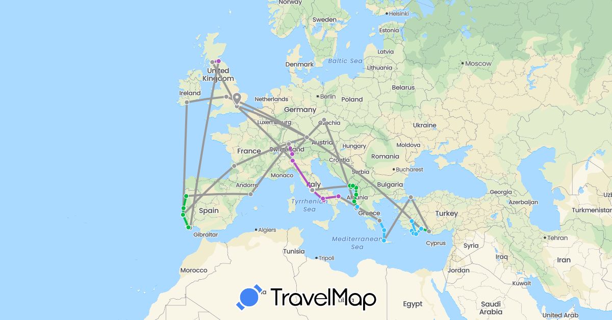 TravelMap itinerary: driving, bus, plane, train, boat in Albania, Switzerland, Czech Republic, Germany, Spain, France, United Kingdom, Greece, Ireland, Italy, Montenegro, Portugal, Turkey (Asia, Europe)